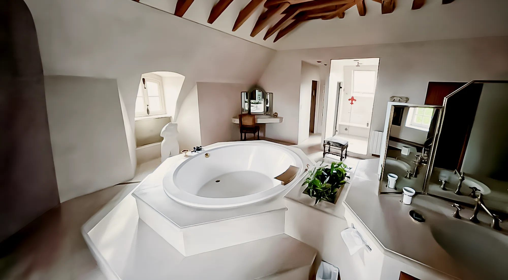 A bathroom under the eaves, bathtub and beams