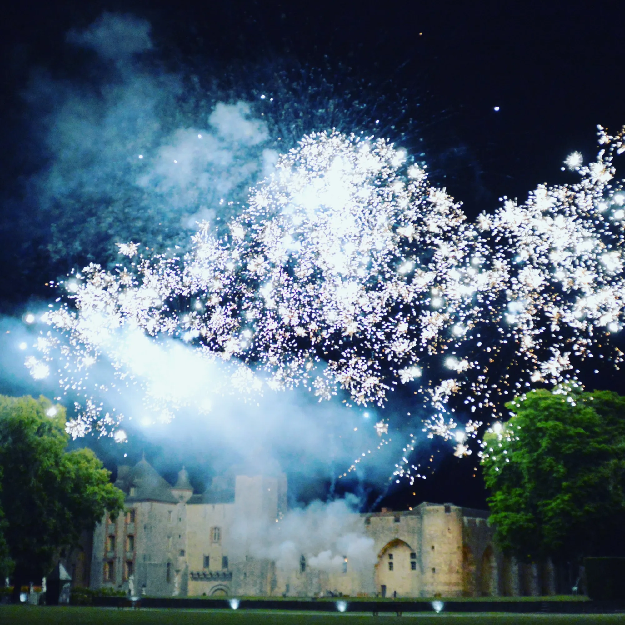 Fireworks over the château at night