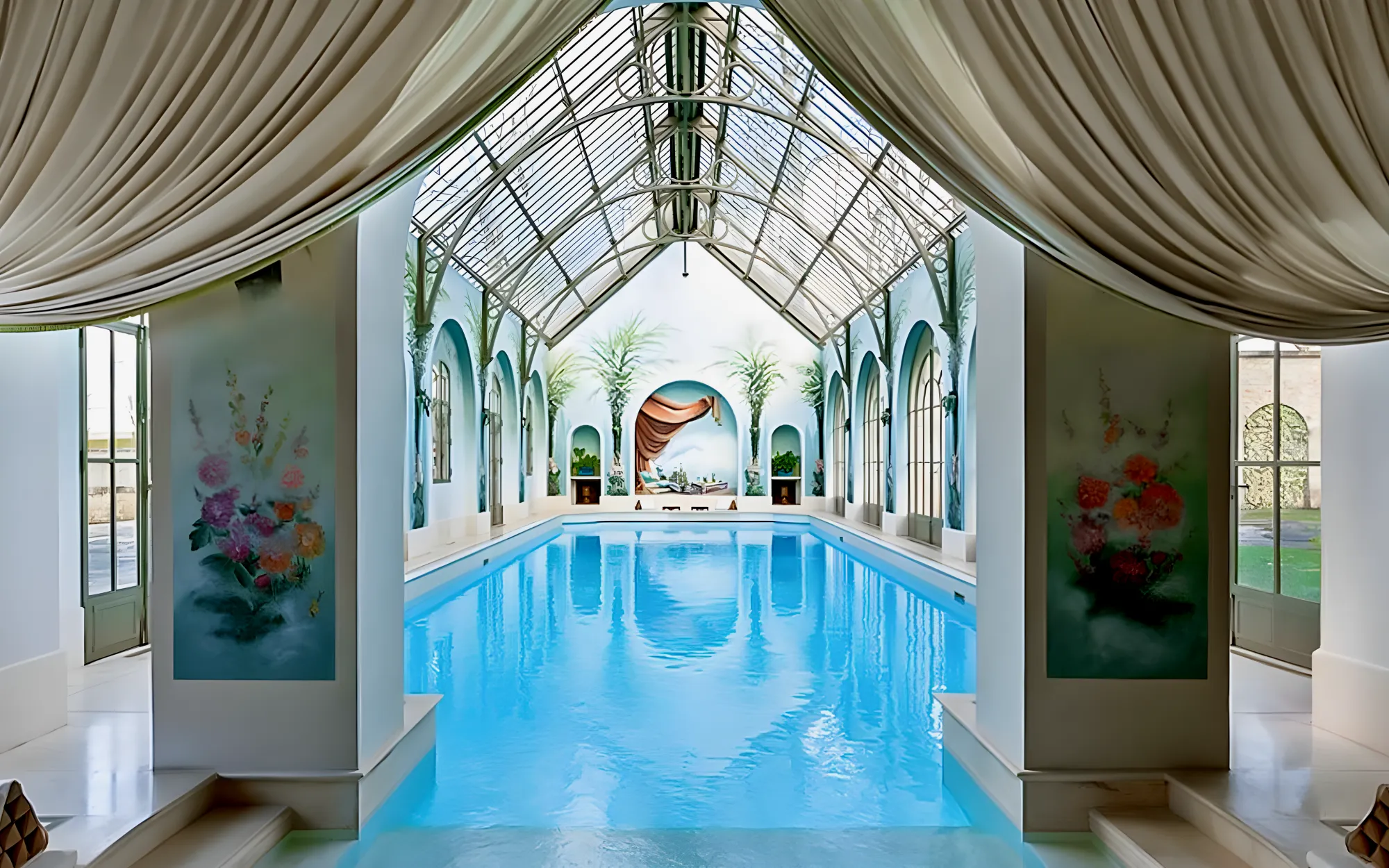 The indoor pool under its glass roof, in daylight