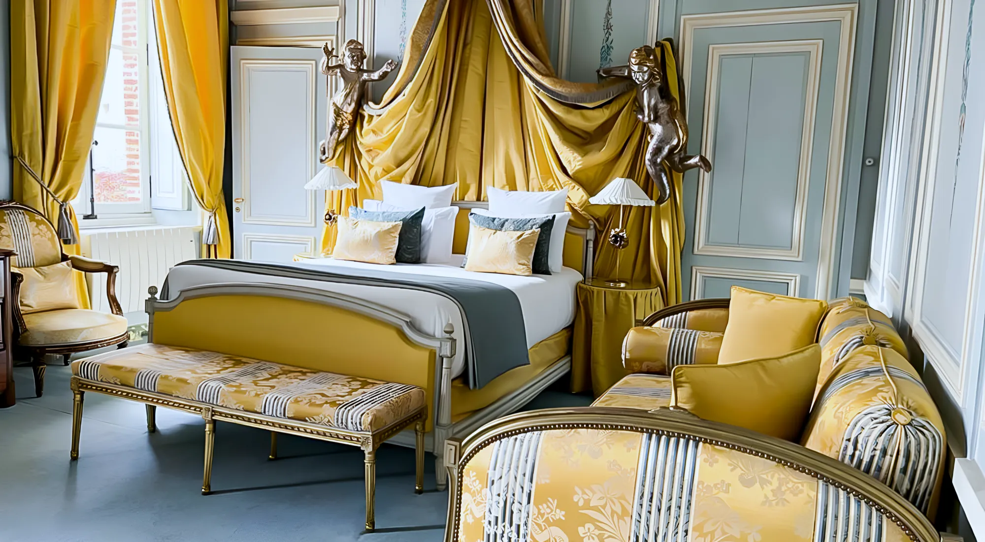 A château suite, canopy bed under yellow silk