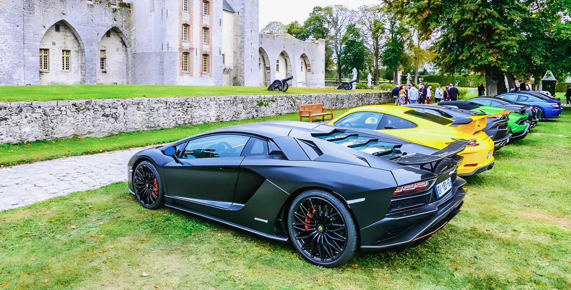 Sports cars lined up on the lawn before the arcades