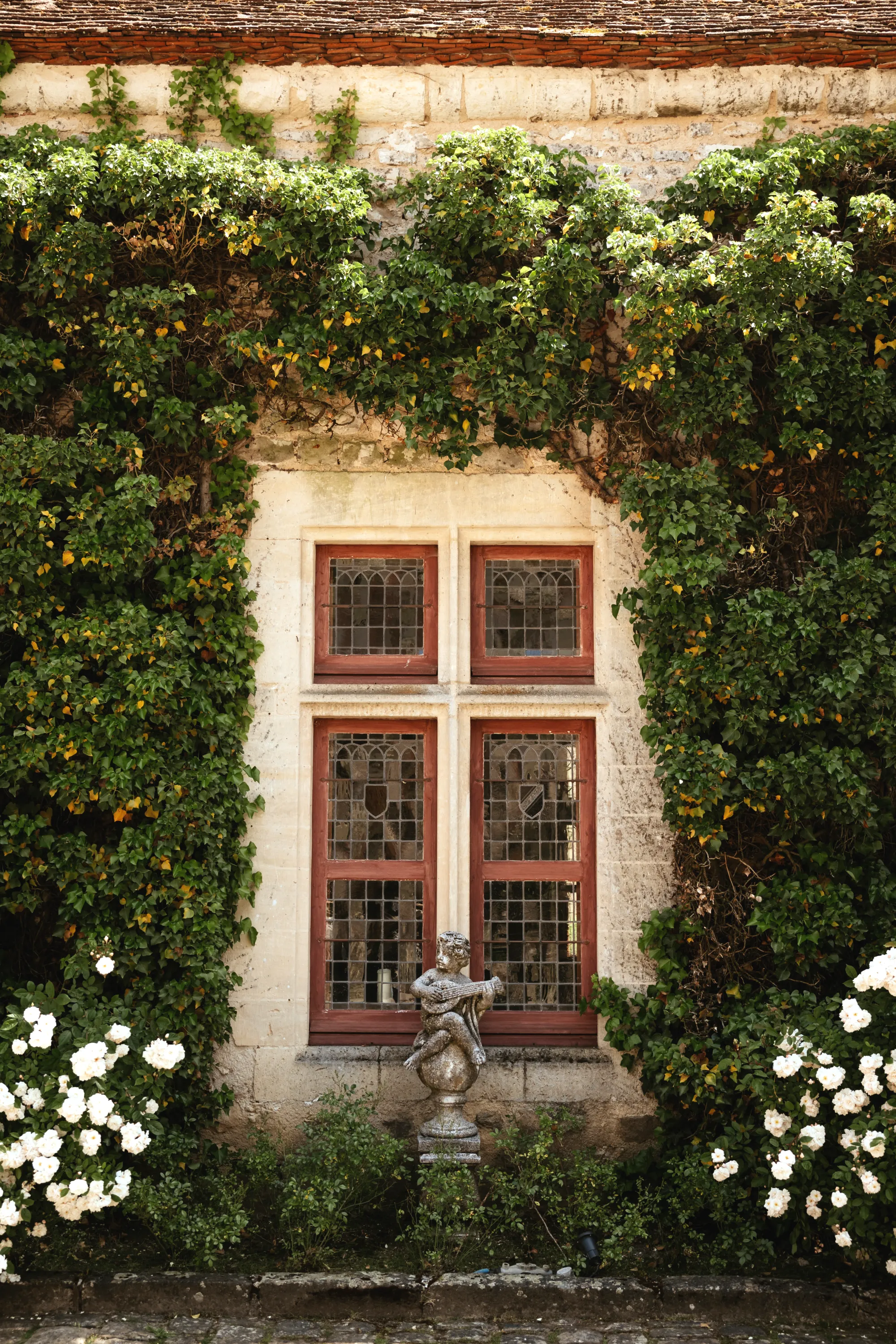 A red-framed window under climbing greenery, white roses