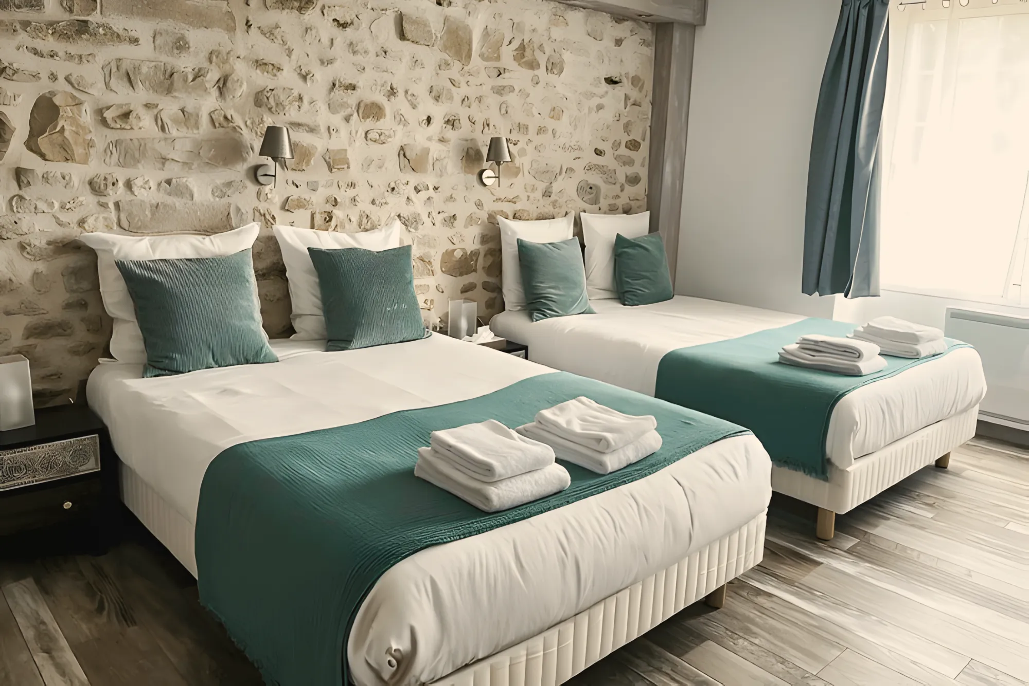 The triple room, a stone wall, green throws and folded towels